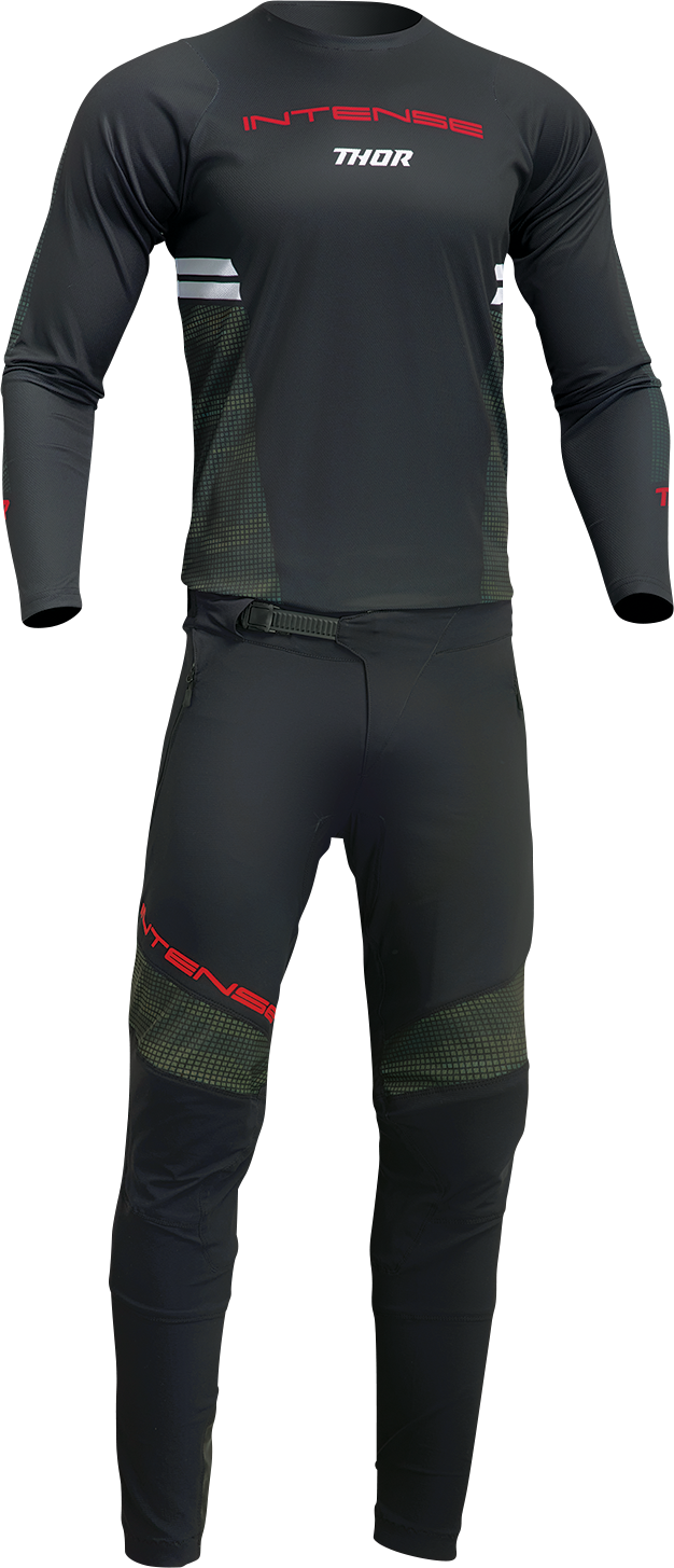 Black and camo THOR Intense Assist Berm long-sleeve jersey with logo and technical fabric details.