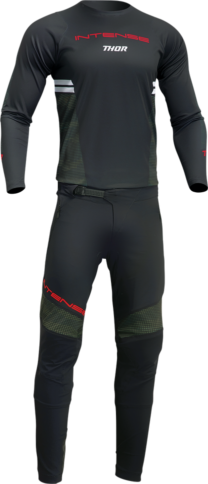 Black and camo THOR Intense Assist Berm long-sleeve jersey with logo and technical fabric details.