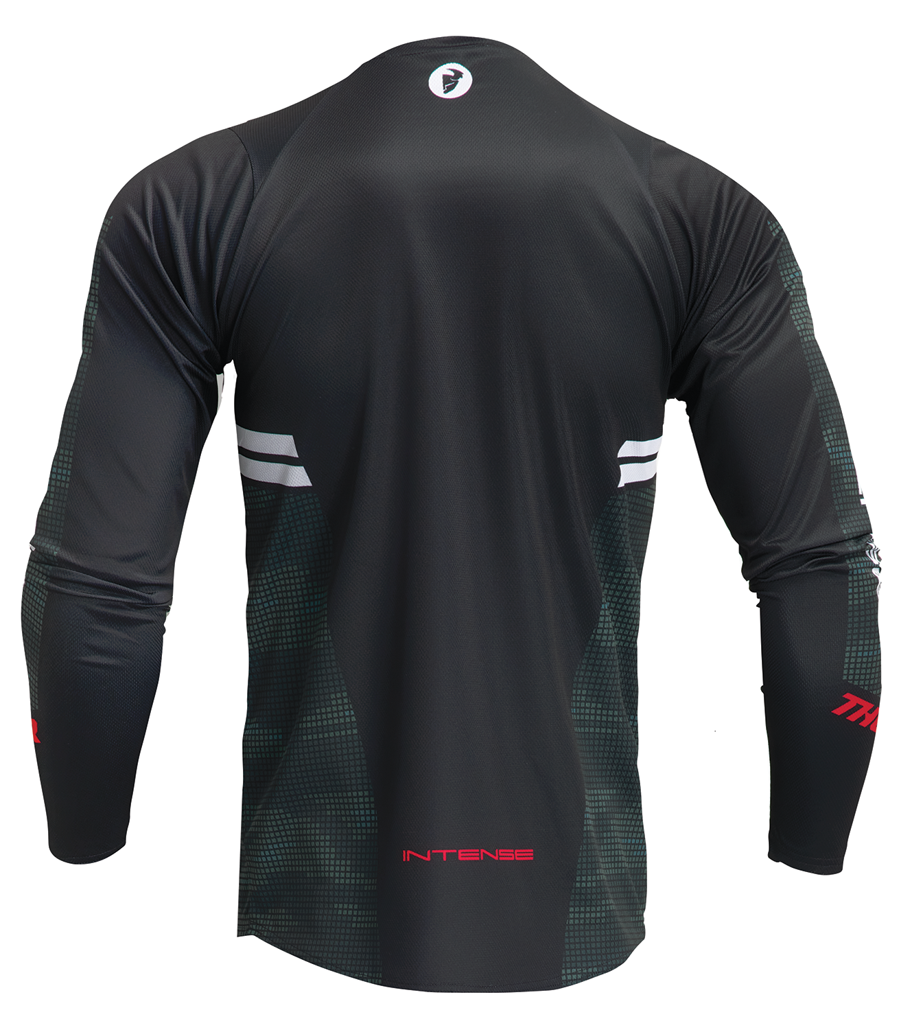 Black and camo THOR Intense Assist Berm long-sleeve jersey with branding and athletic fit, designed for motocross riding.