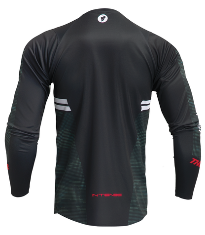Black and camo THOR Intense Assist Berm long-sleeve jersey with branding and athletic fit, designed for motocross riding.