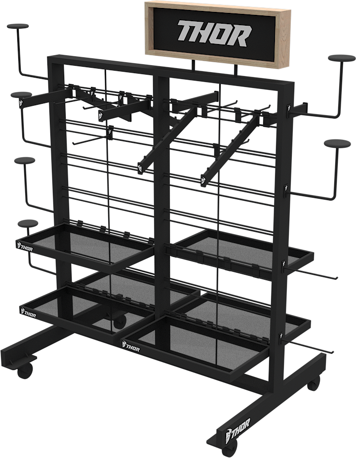 THOR Gondola display with helmet hooks and shelves for motorcycle gear organization, part number 9903-0704