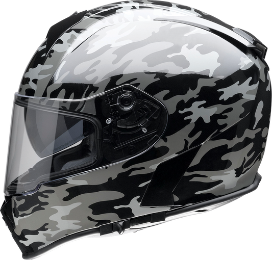 Z1R Warrant helmet in camo black and gray, 2XL size, featuring a polycarbonate shell and drop-down sun visor.