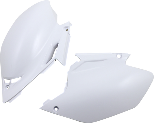 Acerbis white side panels for body of motorcycle, with smooth finish and mounting points, designed for durable fit and style.