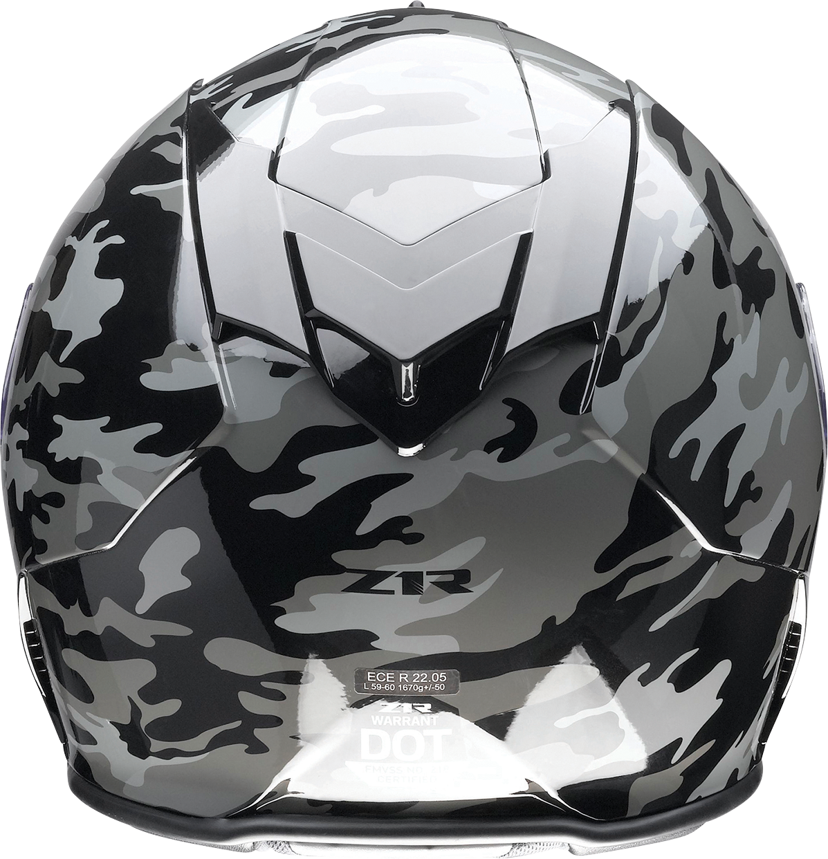 Z1R Warrant helmet in camo black and gray, size large, front view showing helmet design and secure strap.
