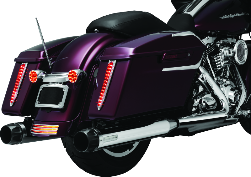 Chrome Kuryakyn curved license plate mount for Harley-Davidson Street Glide and Road Glide motorcycles.