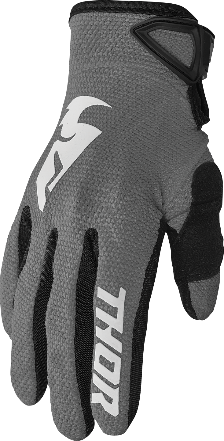 Gray and white THOR Sector gloves in large size, featuring durable protective material and flexible design for motorcycle riding.