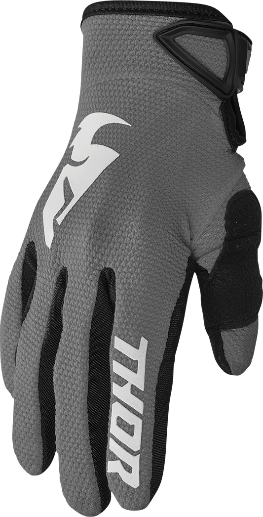 Gray and white THOR Sector gloves in large size, featuring durable protective material and flexible design for motorcycle riding.