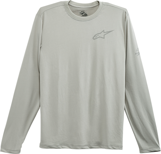 Alpinestars Pursue Performance long-sleeve T-shirt in silver, medium size, featuring the Alpinestars logo and sporty design.