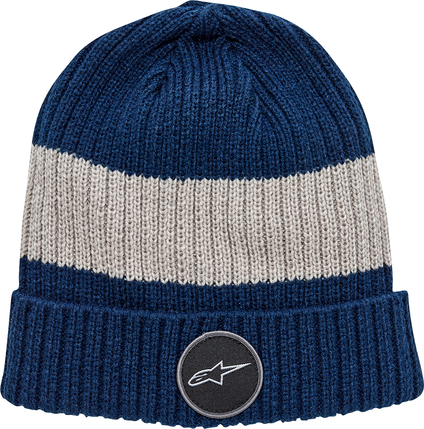Alpinestars Ward Beanie in blue and gray, soft acrylic knit, shown on a neutral background. One size.