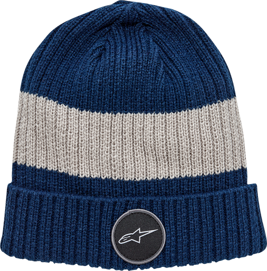 Alpinestars Ward Beanie in blue and gray, soft acrylic knit, shown on a neutral background. One size.