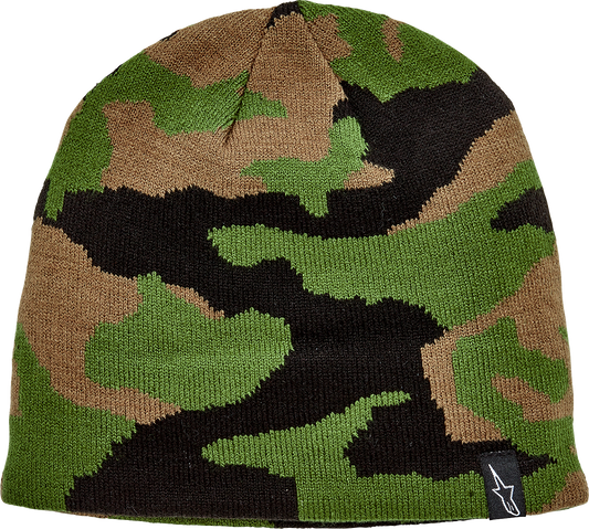 Alpinestars Sentinel camouflage beanie in one size, featuring a knitted design with the ALPINESTARS logo and camo pattern.