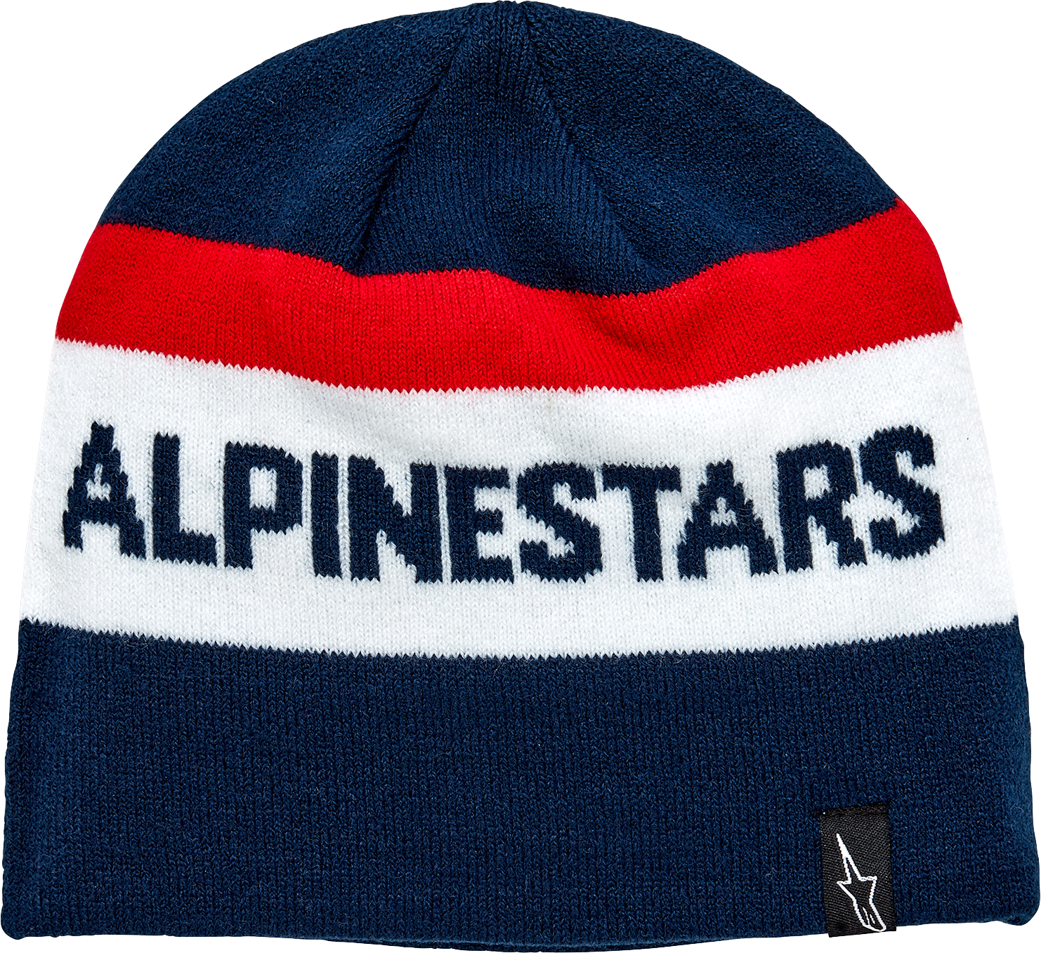 Alpinestars Stake Beanie in navy, one size, soft knit fabric with logo patch, designed for warmth and casual style.