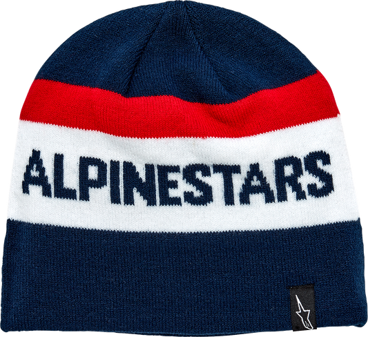 Alpinestars Stake Beanie in navy, one size, soft knit fabric with logo patch, designed for warmth and casual style.
