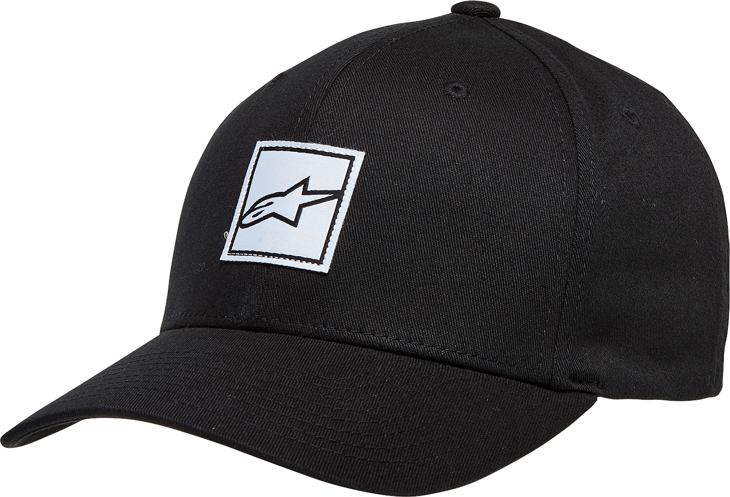 Alpinestars Meddle Hat in black, small/medium size, featuring a casual design with the Alpinestars logo and adjustable strap.