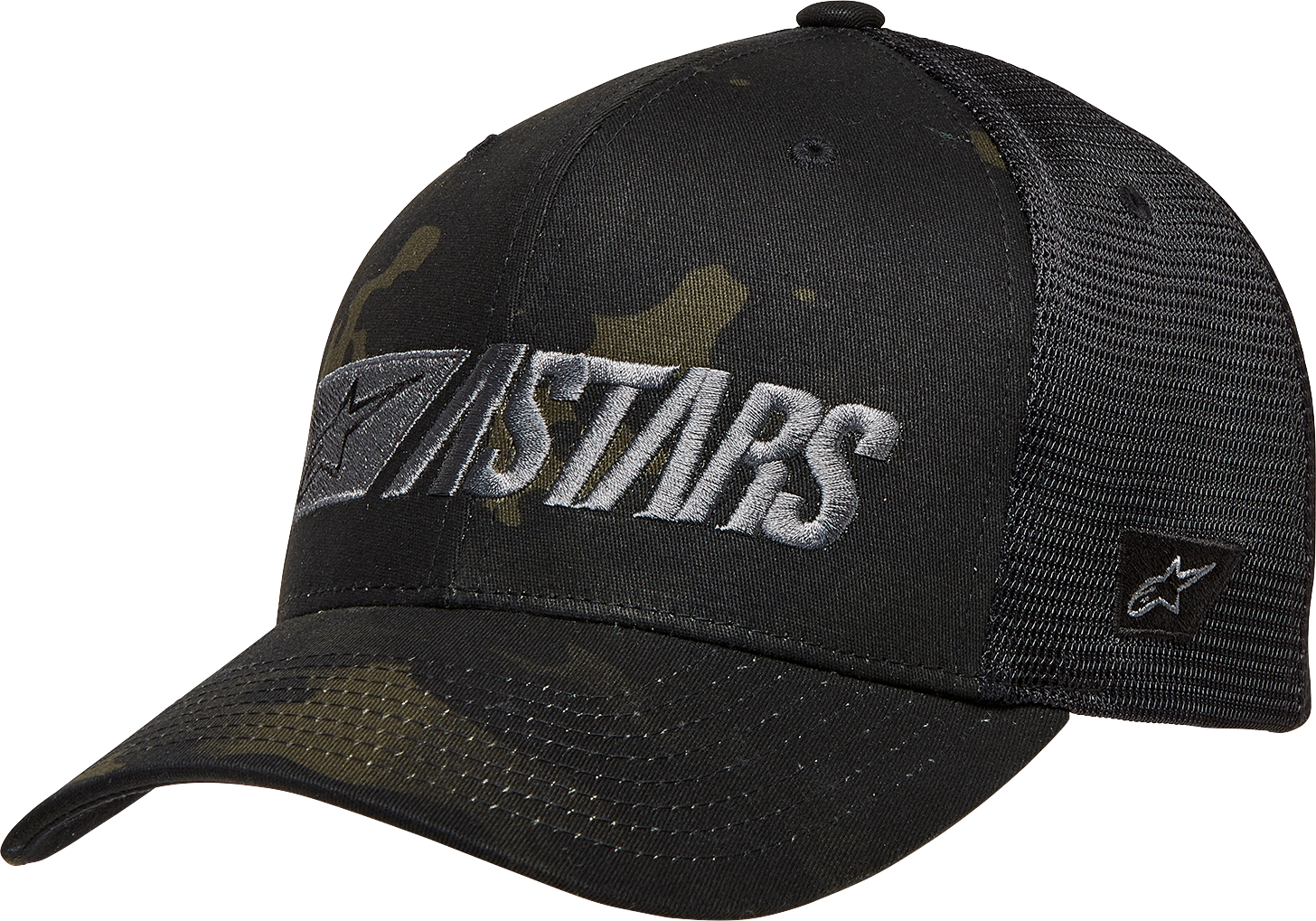 Alpinestars Reblaze Multicamo military black hat with adjustable strap and logo patch, outdoor and tactical style.