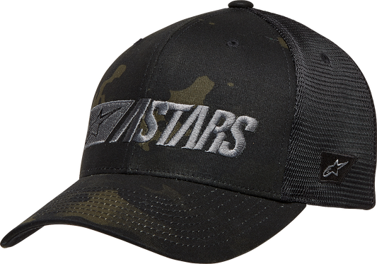 Alpinestars Reblaze Multicamo military black hat with adjustable strap and logo patch, outdoor and tactical style.