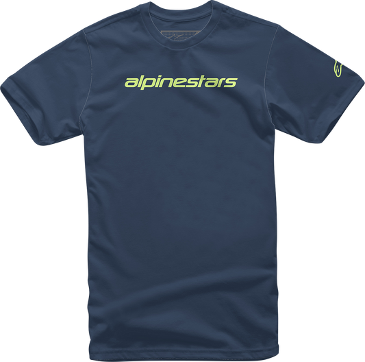Alpinestars Linear Wordmark T-Shirt in navy and lime, 2XL, with bold brand logo on front, casual athletic style.