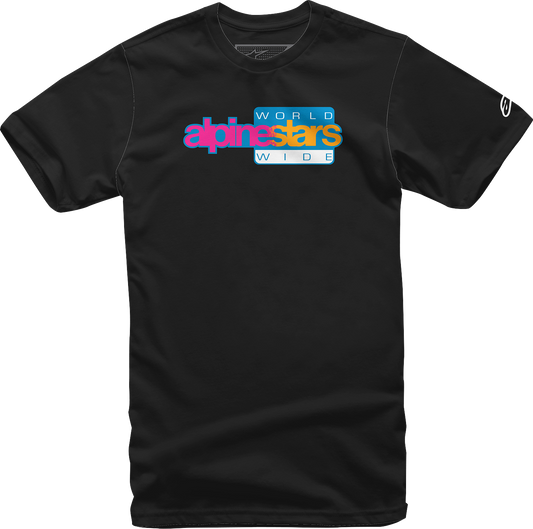 Black Alpinestars World Wide Again T-Shirt in 2XL, featuring the Alpinestars logo and design details on the front.