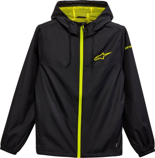 Alpinestars Treq windbreaker jacket in black, size large, lightweight outdoor jacket with hood and zip closure.