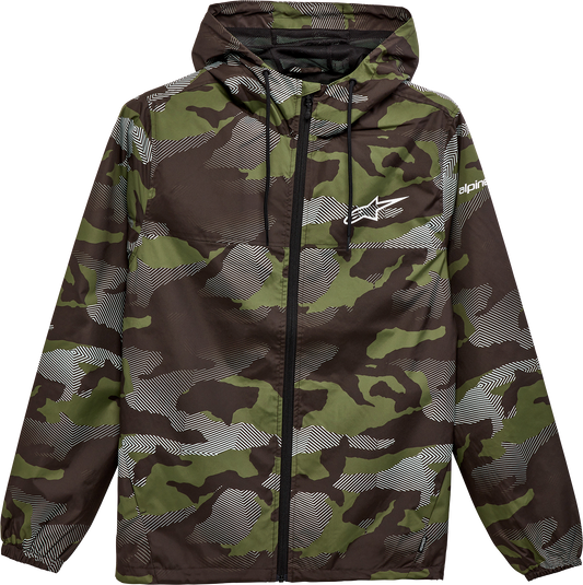 Alpinestars Treq Windbreaker Jacket in camo with waterproof coating, adjustable hood and cuffs, 2XL size displayed.