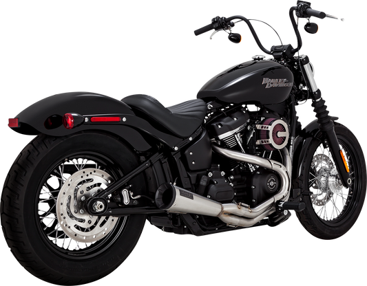 VANCE & HINES 27323 2-into-1 Upsweep exhaust system in brushed stainless steel, shown on a motorcycle.