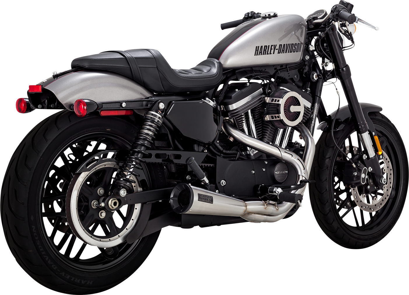 VANCE & HINES 27327 2-Into-1 Upsweep exhaust system in brushed stainless steel for motorcycles.
