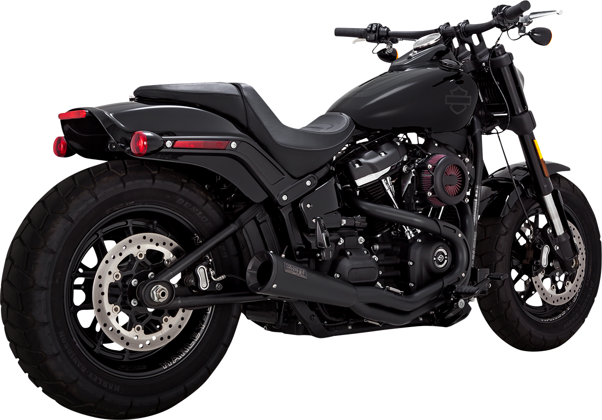 Vance & Hines 47323 2-into-1 Upsweep exhaust system with PCX technology in black stainless steel, mounted on motorcycle.