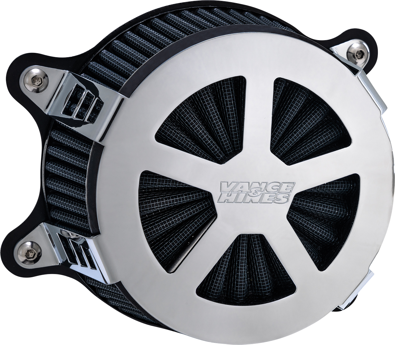 Chrome Vance & Hines VO2 Radiant V air intake kit for motorcycles, featuring sleek design and high-performance air filtration system.