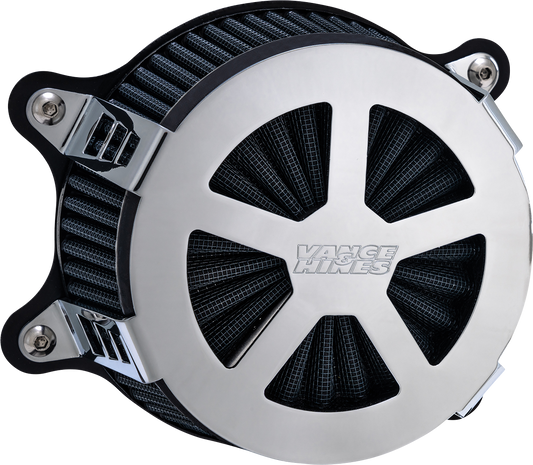 Chrome Vance & Hines VO2 Radiant V air intake kit for motorcycles, featuring sleek design and high-performance air filtration system.
