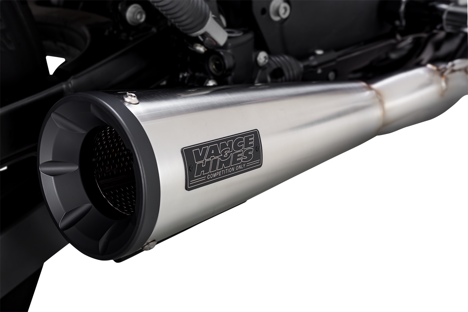 VANCE & HINES 27327 2-Into-1 Upsweep exhaust system in brushed stainless steel for motorcycle, showing sleek metallic finish and pipes.