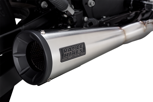 VANCE & HINES 27327 2-Into-1 Upsweep exhaust system in brushed stainless steel for motorcycle, showing sleek metallic finish and pipes.
