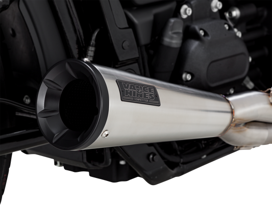 VANCE & HINES 27323 2-into-1 Upsweep exhaust system in brushed stainless steel with polished finish and curved design.