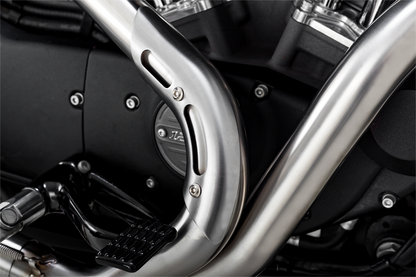 Vance & Hines 27327 2-Into-1 Upsweep exhaust system in brushed stainless steel, showing the sleek, curved motorcycle exhaust pipes.