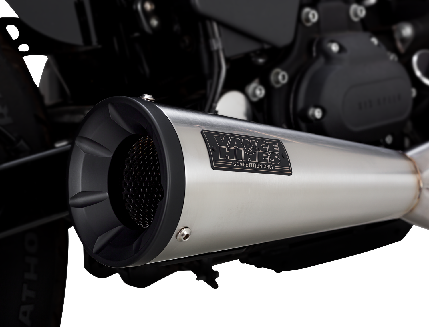 VANCE & HINES 27325 2-Into-1 Upsweep exhaust system in brushed stainless steel, featuring polished finish and sleek design.