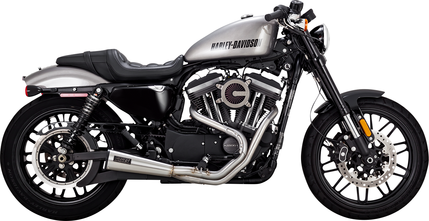 VANCE & HINES 27327 2-Into-1 Upsweep exhaust system in brushed stainless steel with polished finish on motorcycle