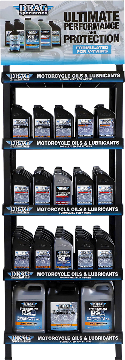 DRAG SPECIALTIES Oil Shelf Display with multiple oil bottles arranged on a metal shelf for motorcycle maintenance