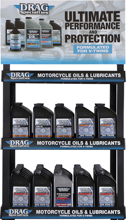 DRAG SPECIALTIES Oil Shelf Display with multiple bottles arranged on a retail shelf, showcasing motorcycle oil products.
