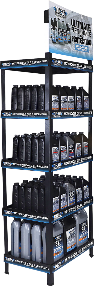 DRAG SPECIALTIES oil shelf display with multiple bottles of motorcycle oil arranged on a metal rack
