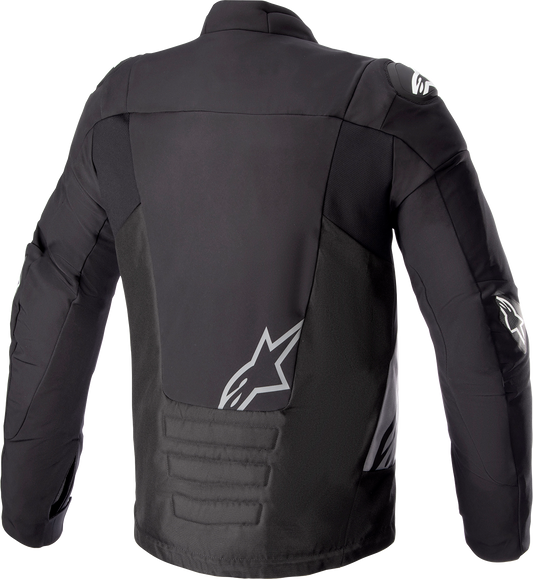 Alpinestars SMX waterproof jacket in black and dark gray, small size, with visible zipper and waterproof fabric detailing.