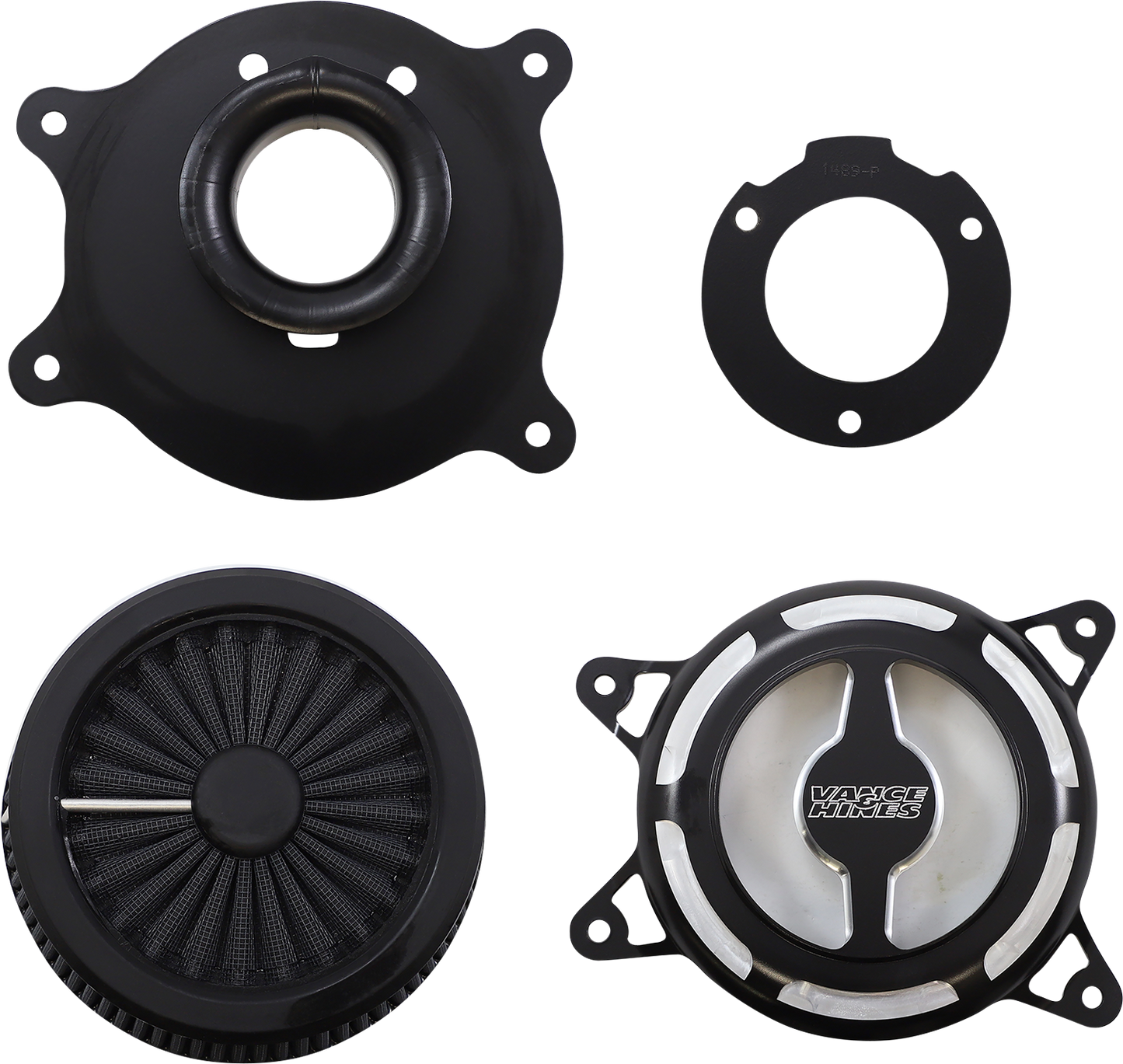 VANCE & HINES VO2 Blade Air Intake in black contrast with sleek design and branding, designed for motorcycle performance.