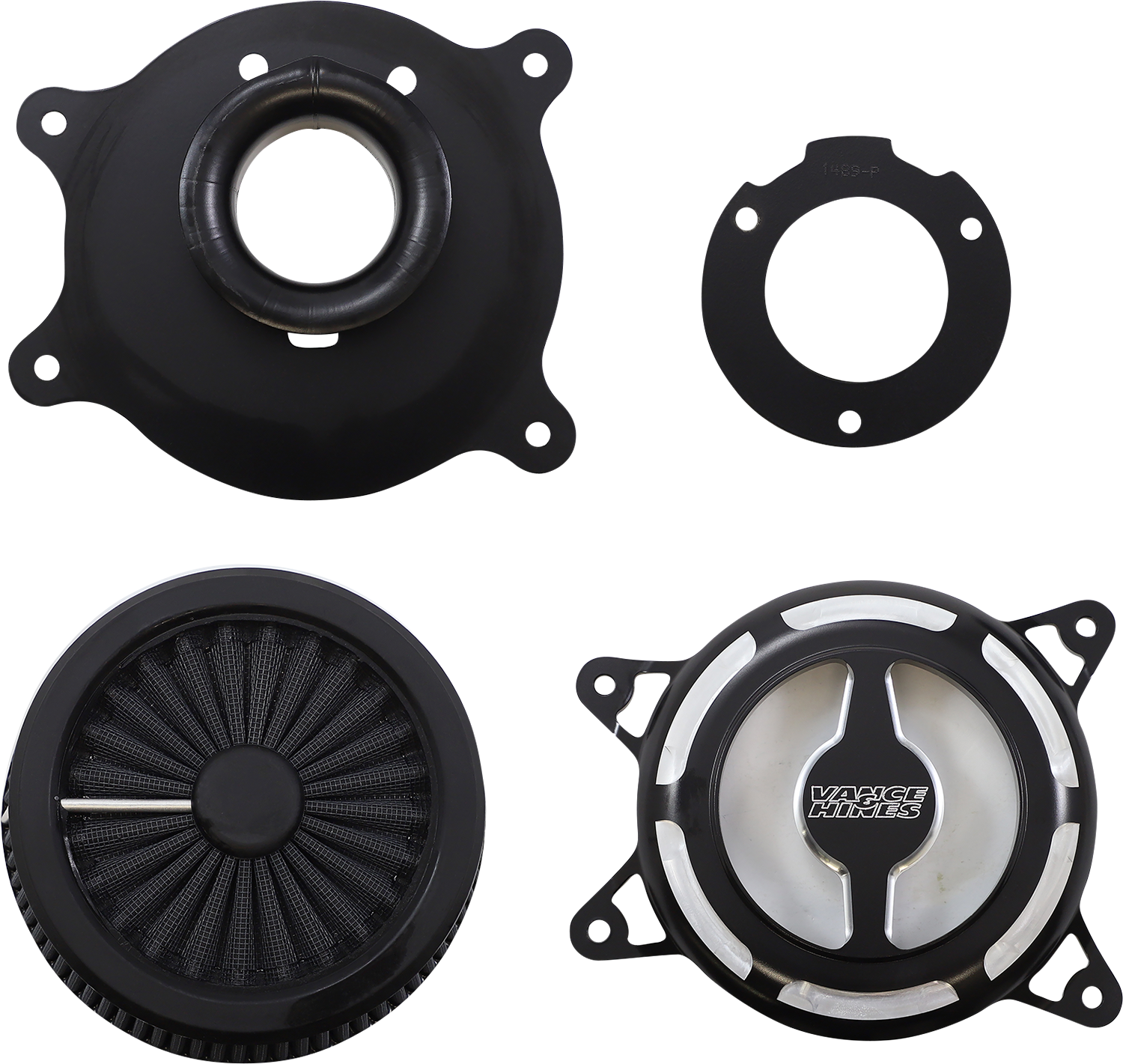 VANCE & HINES VO2 Blade Air Intake in black contrast with sleek design and branding, designed for motorcycle performance.