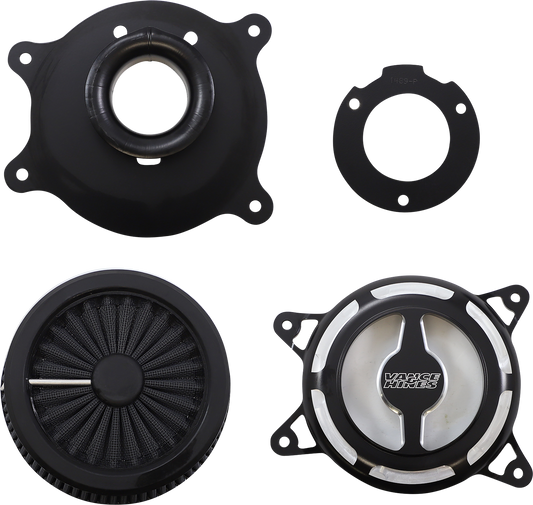 VANCE & HINES VO2 Blade Air Intake in black contrast with sleek design and branding, designed for motorcycle performance.