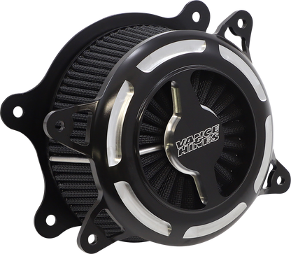Vance & Hines VO2 Blade Air Intake in black contrast, motorcycle engine air intake with sleek design and branding visible.