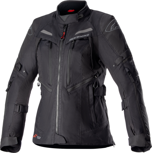 Alpinestars Stella Bogota Drystar® motorcycle jacket in black, small size, featuring protective armor and waterproof material.