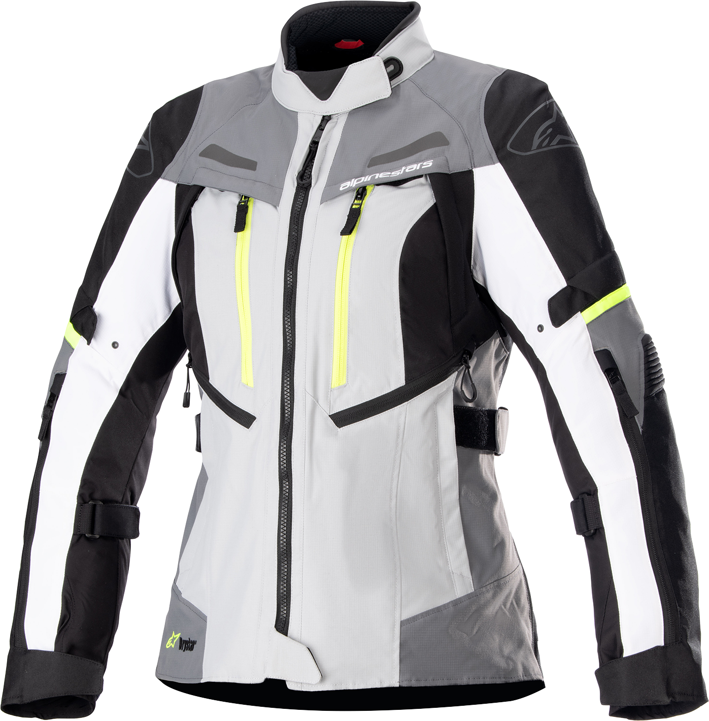 Alpinestars Stella Bogota Drystar women's motorcycle jacket in gray and white, size small, with protective features and waterproof fabric.