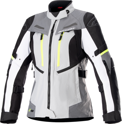 Alpinestars Stella Bogota Drystar women's motorcycle jacket in gray and white, size small, with protective features and waterproof fabric.