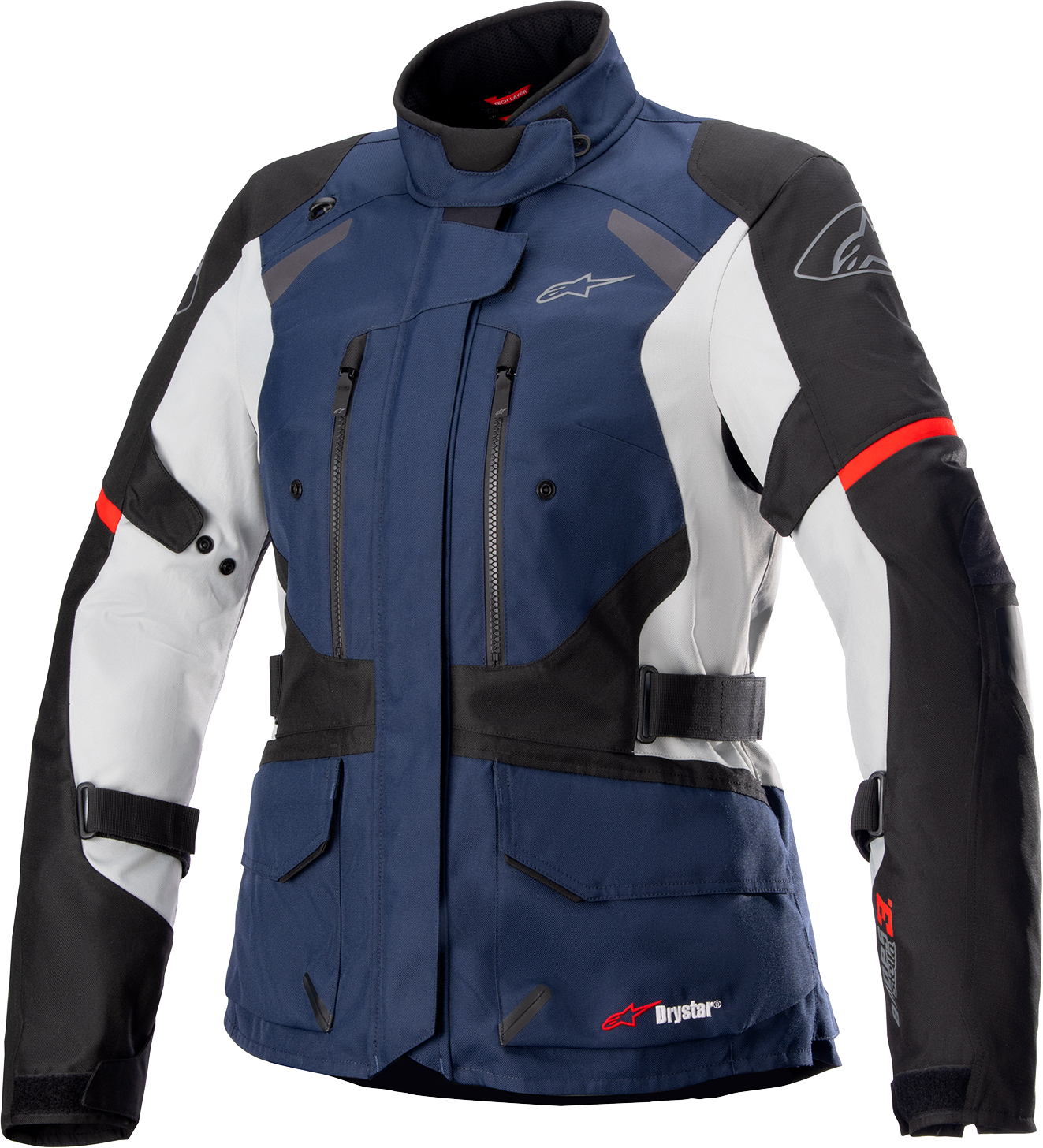 Alpinestars Stella Andes v3 women's waterproof motorcycle jacket in blue and black, size small, with protective armor and reflective details.