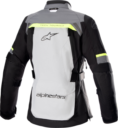 Alpinestars Stella Bogota Drystar women's motorcycle jacket in gray and white, small size, featuring protective armor and durable fabric.