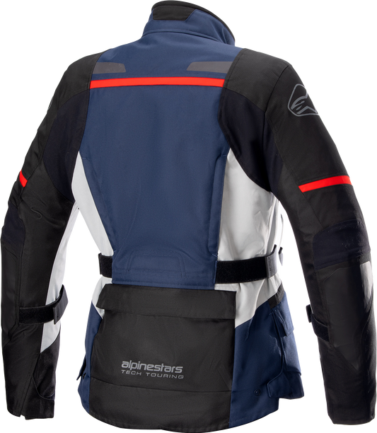 Alpinestars Stella Andes v3 women's waterproof motorcycle jacket in blue and black, size small, with protective gear and reflective details.