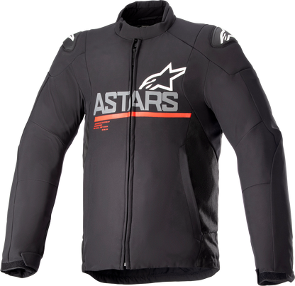 Alpinestars SMX waterproof motorcycle jacket in black, dark gray, and bright red, size large, with protective features visible.